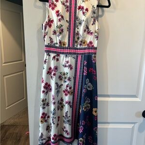 Maggy London Floral Colorblock Midi Dress in White, Navy & Pink